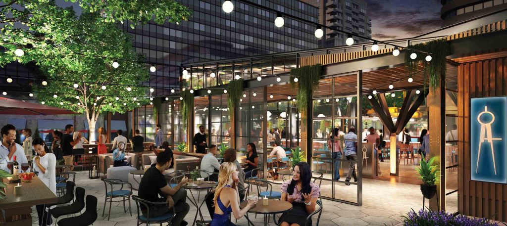 rendering of patrons enjoying meals outside at National Landing